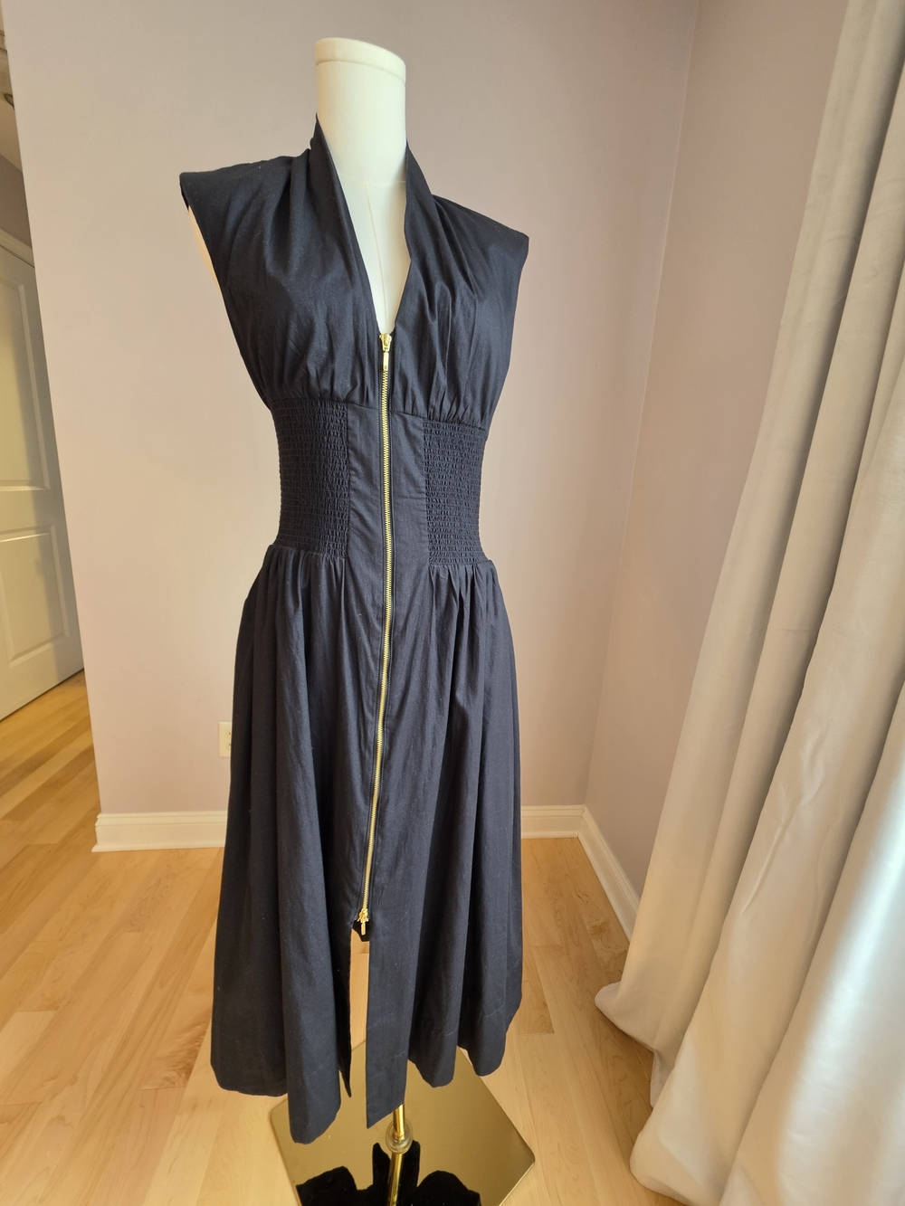 Anthropologie Black Sleeveless Midi Dress with Gold Zip